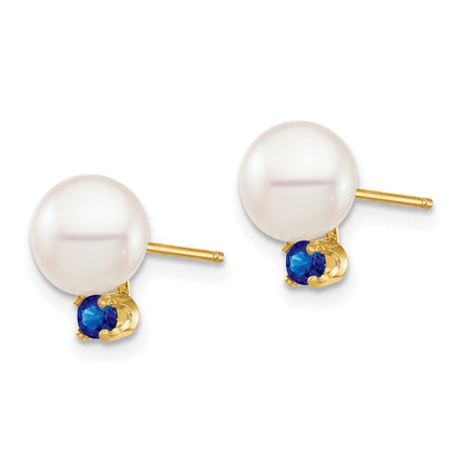14k Yellow Gold 7-7.5mm Cultured Pearl & Sapphire Stud Earrings for Women