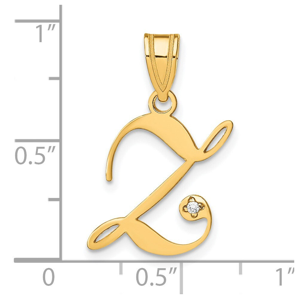 14k Yellow Gold Script Letter Z Initial Pendant with Diamond for Women