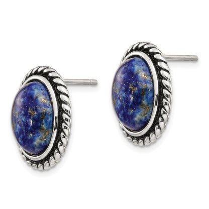 Sterling Silver Polished/Antiqued Lapis Cabochon Earrings