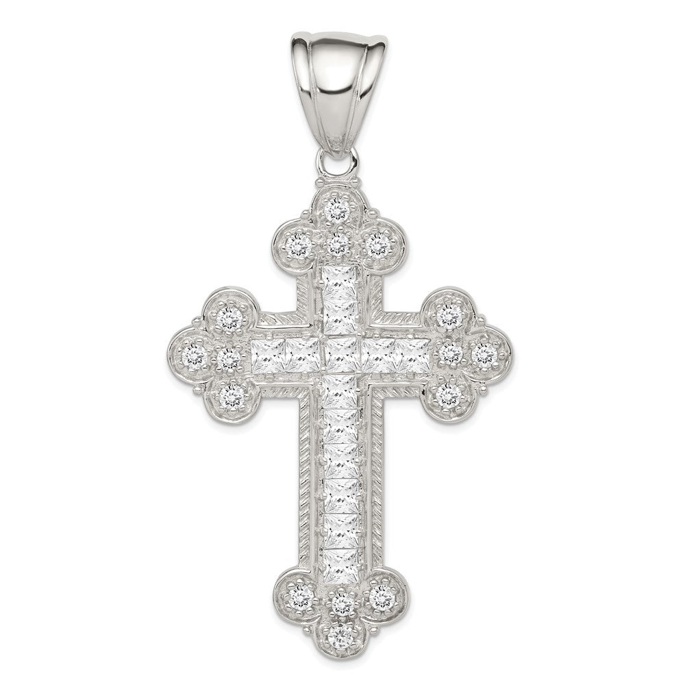 Sterling Silver Rhodium-plated Cubic Zirconia Budded Cross Pendant