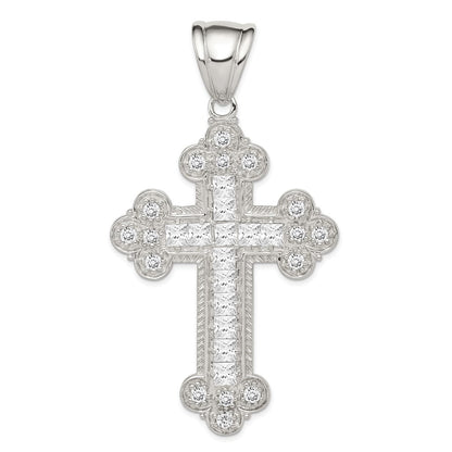 Sterling Silver Rhodium-plated Cubic Zirconia Budded Cross Pendant