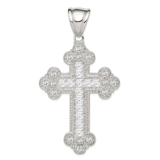 Sterling Silver Rhodium-plated Cubic Zirconia Budded Cross Pendant