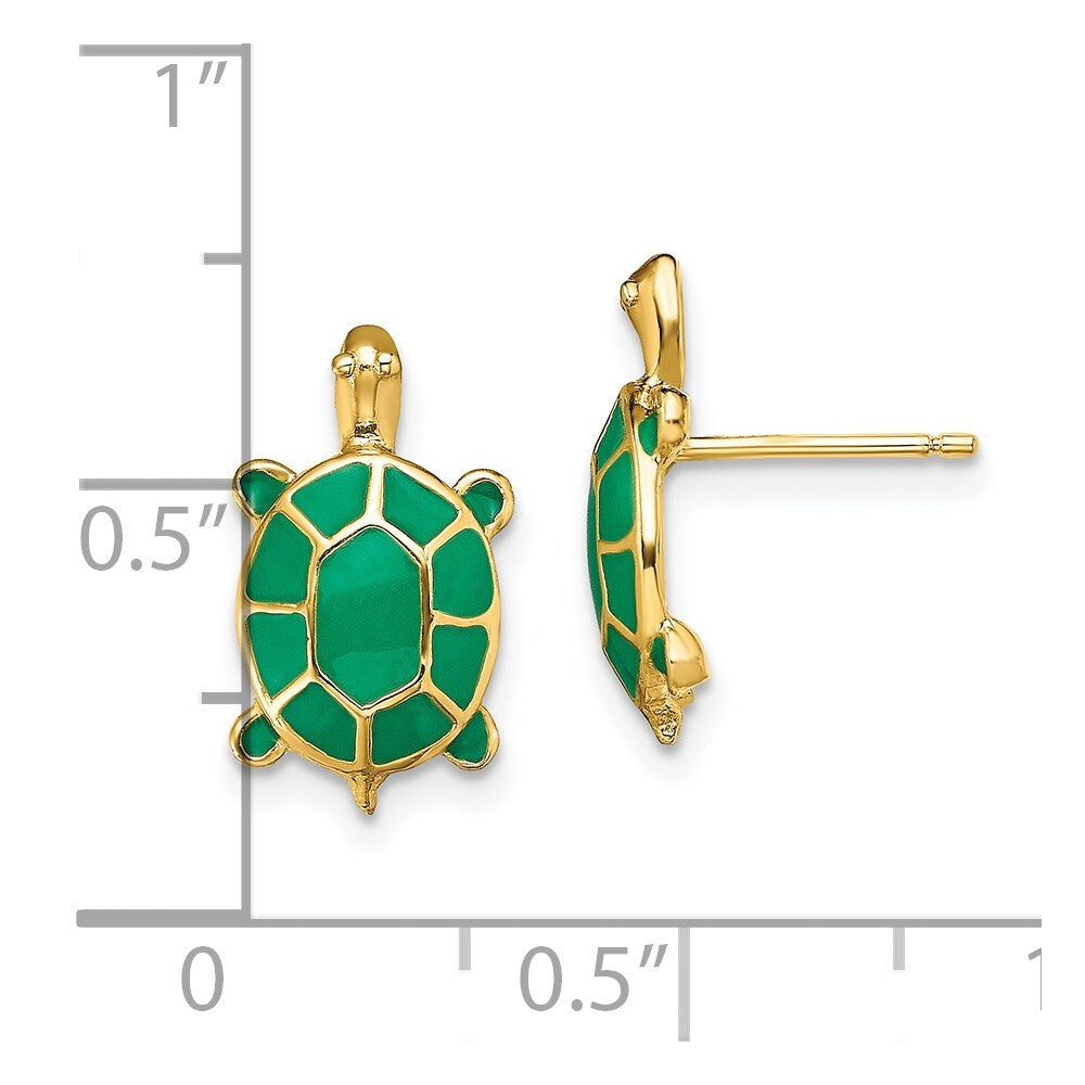 14k Yellow Gold Land Turtle Green Enamel Shell Stud Earrings Gift for Women
