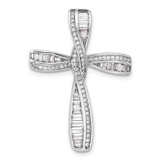 Sterling Silver Rhodium-plated Cubic Zirconia Cross Pendant Slide