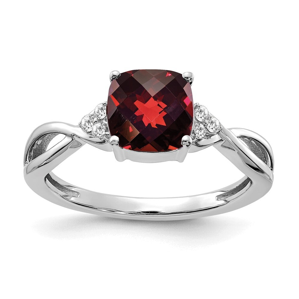 14K White Gold Checkerboard Garnet and Diamond Ring Size 7