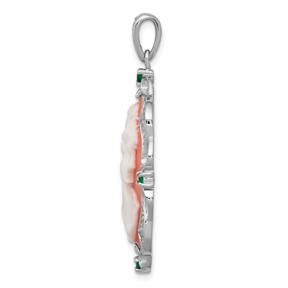 Sterling Silver Filigree Frame Green Glass with CZ Plastic Lady Cameo Pendant
