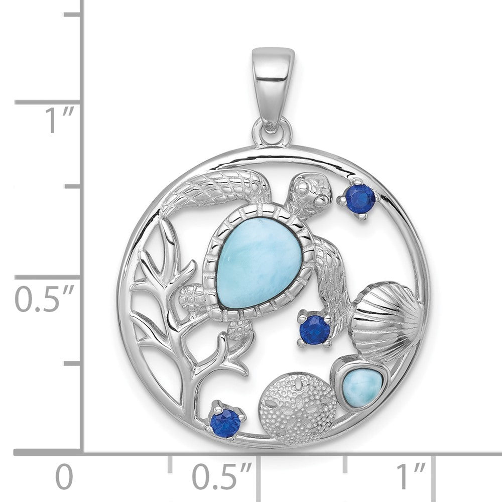 Sterling Silver Polished and Textured Larimar and Blue CZ Sealife Pendant