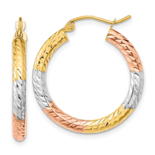14k Yellow Gold w/White and Rose Rhodium Polished Diamond-cut Hoop Earrings