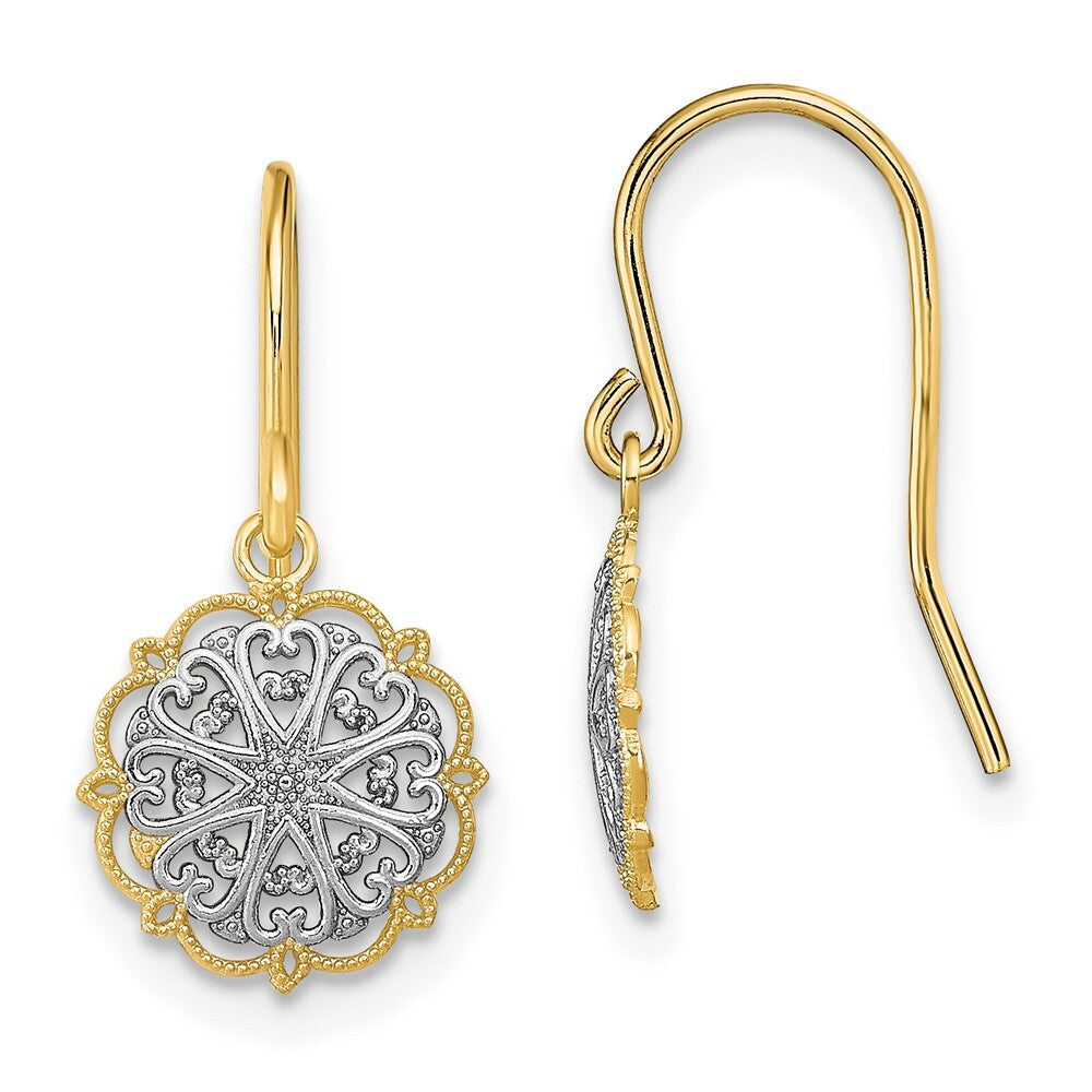 14k Yellow Gold and Rhodium Fancy Dangle Wire Earrings Gift for Women