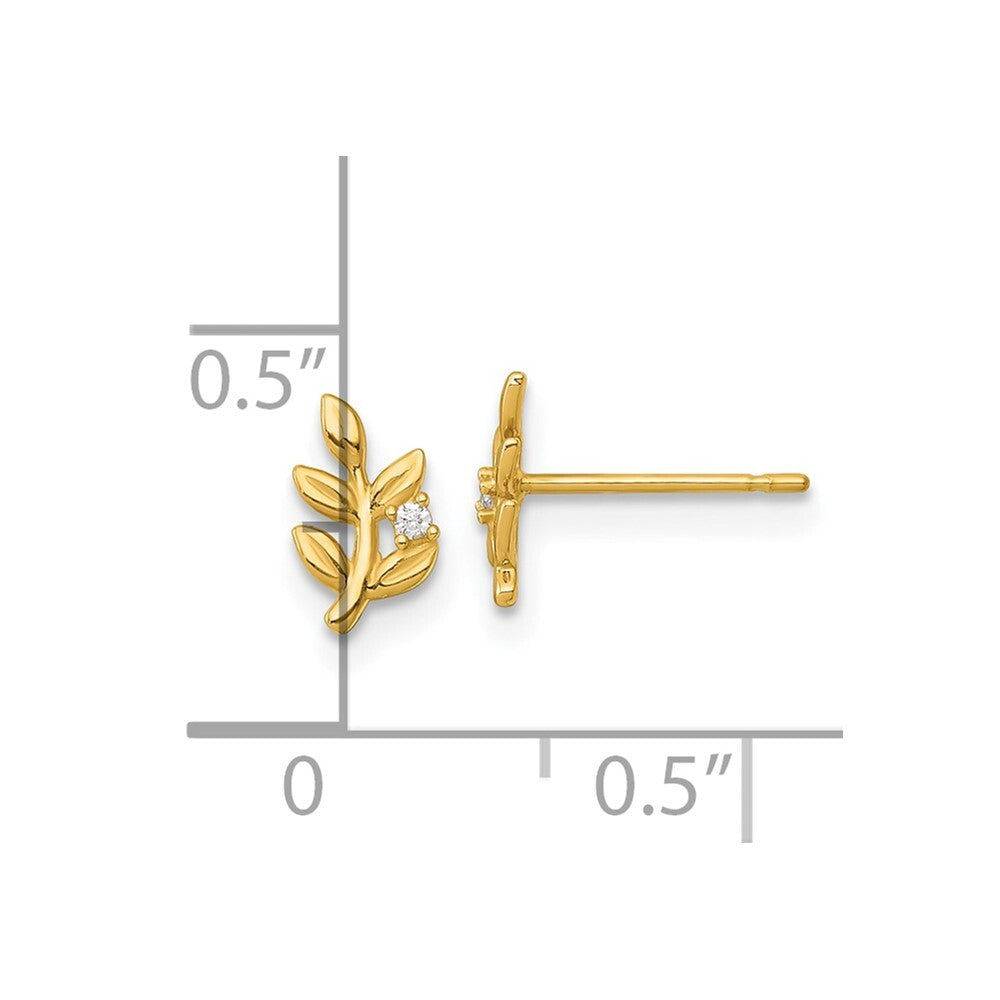 14k Yellow Gold Polished Cubic Zirconia Leaf Stud Earrings Gift for Women