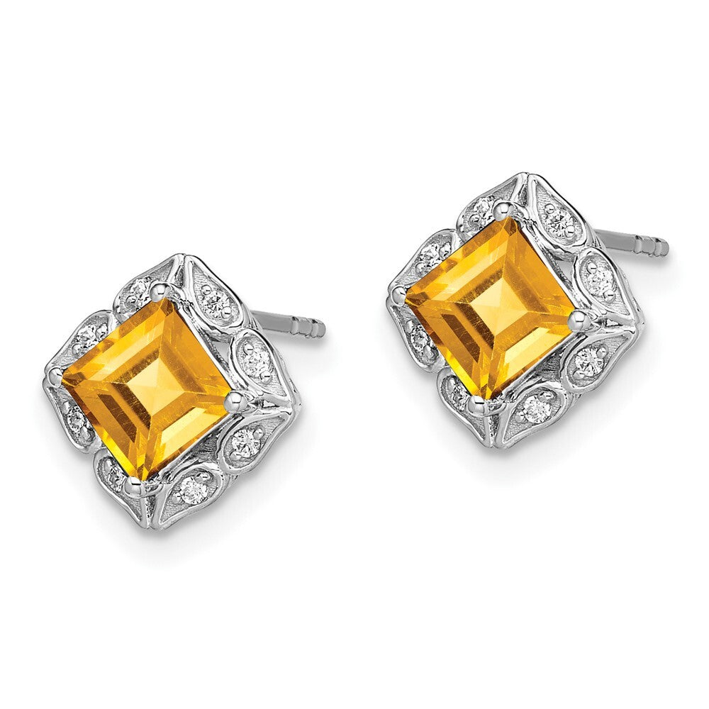 14k White Gold Square Citrine and Diamond Stud Earrings