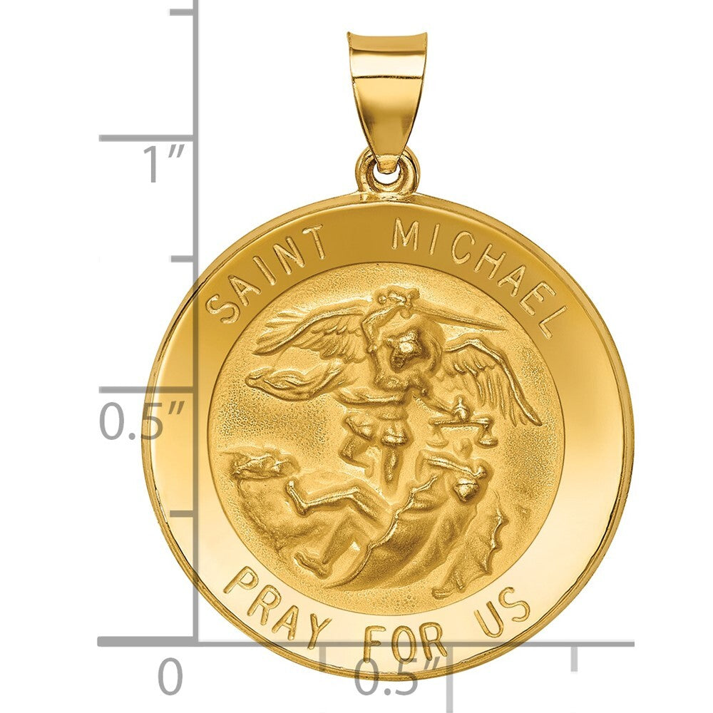 14k Yellow Gold Polished and Satin St Michael Medal Hollow Pendant for Women
