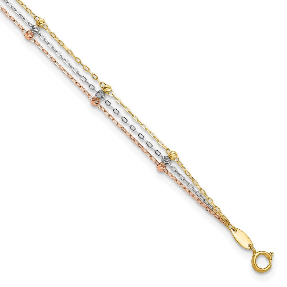 14k Tri-color 3-Strand Diamond-cut Beaded 9-Station 10" Anklet