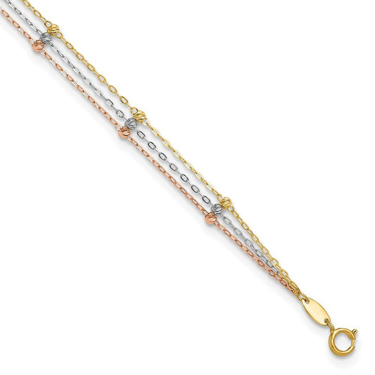 14k Tri-color 3-Strand Diamond-cut Beaded 9-Station 10" Anklet