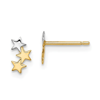 14k Yellow Gold & White Rhodium 3-Star Stud Earrings Gift for Women
