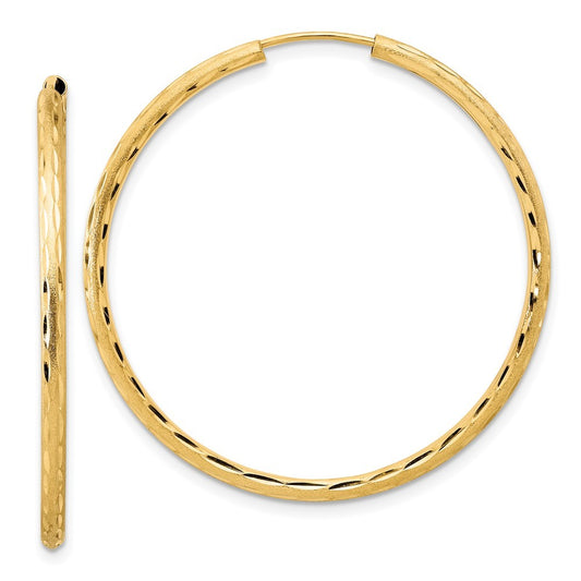14k Yellow Gold Polished and Satin Diamond-Cut 2mm Endless Hoop Earrings
