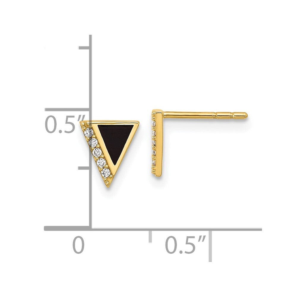 14k Yellow Gold Cubic Zirconia Black Epoxy Triangle Stud Earrings