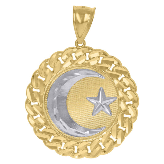 10k Gold Two-Tone Diamond-Cut Moon Star Religious Cuban Link Medallion Pendant