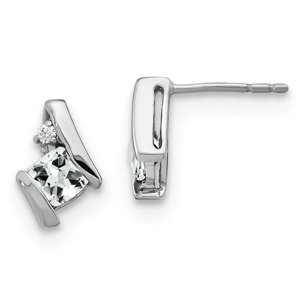 14K White Gold Cushion White Topaz and Diamond Stud Earrings Gift for Women