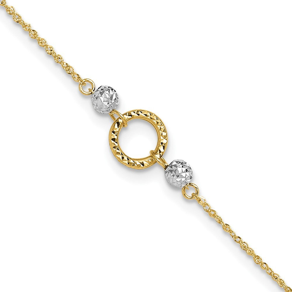 14k Two-tone Circle and Diamond-cut Beads Bead Dangle Extender  10" Anklet