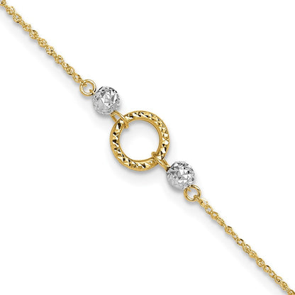 14k Two-tone Circle and Diamond-cut Beads Bead Dangle Extender  10" Anklet