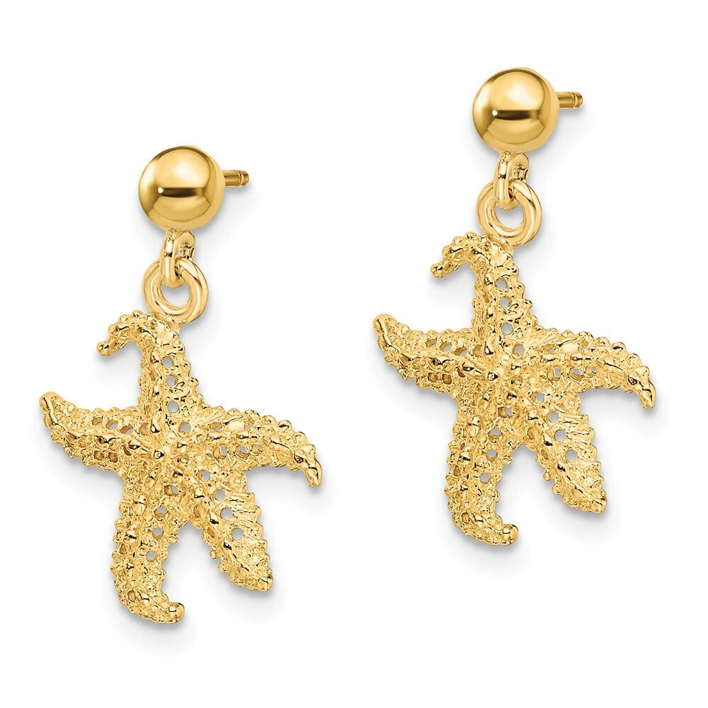 14k Yellow Gold 3D Starfish Dangle Earrings Gift for Women