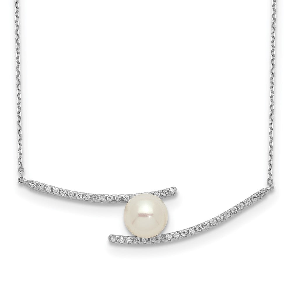 Sterling Silver 7-8mm White Button Freshwater Cultured Pearl and CZ 17" Necklace