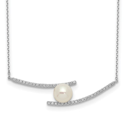 Sterling Silver 7-8mm White Button Freshwater Cultured Pearl and CZ 17" Necklace