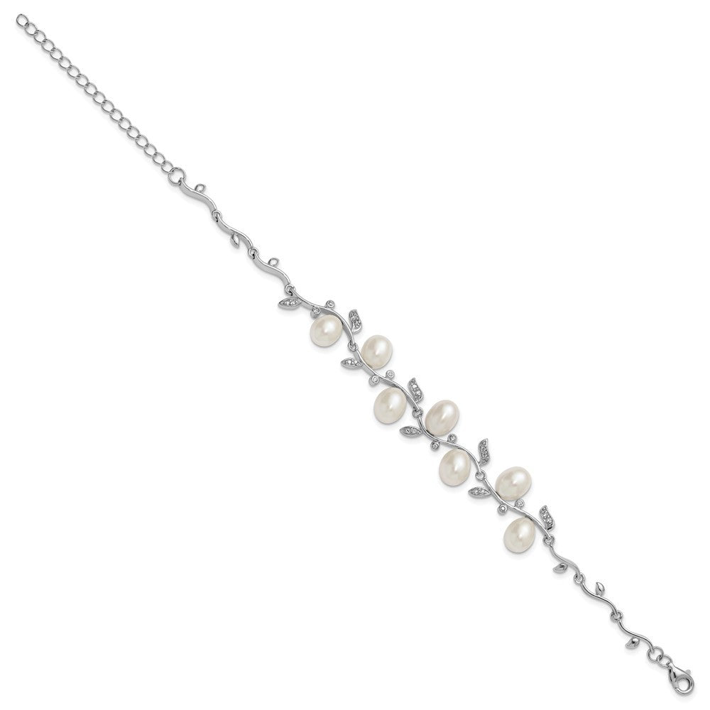 Sterling Silver 6-8mm Teardrop Cultured Pearl and CZ Leaf Bracelet 7" w/ 1" Ext