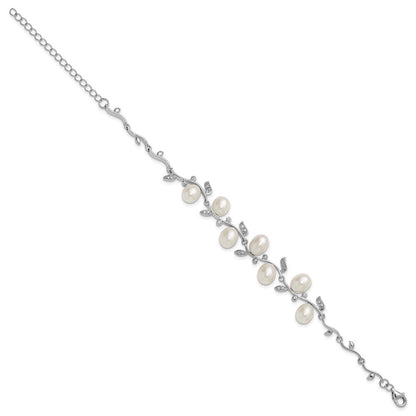 Sterling Silver 6-8mm Teardrop Cultured Pearl and CZ Leaf Bracelet 7" w/ 1" Ext