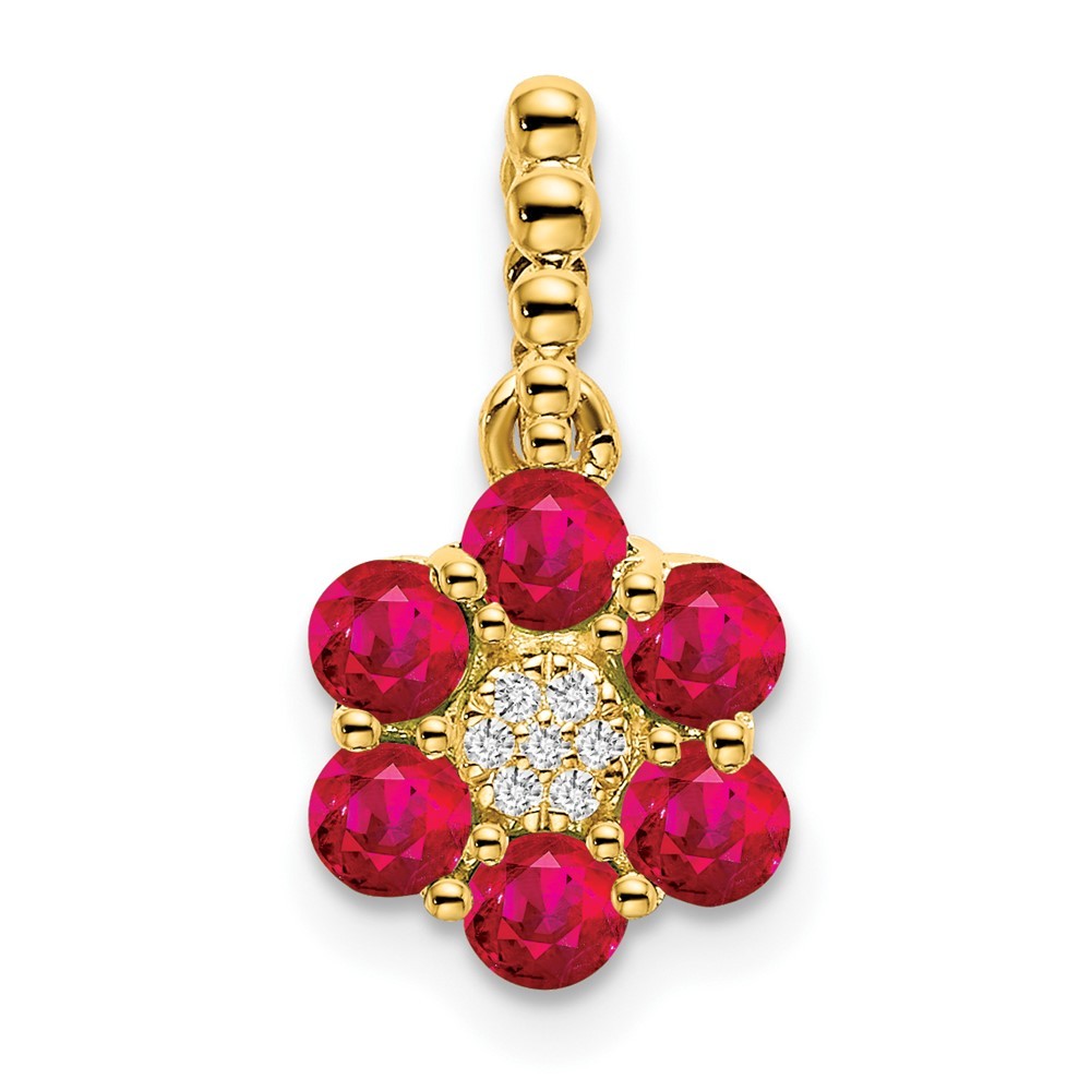 14k Yellow Gold Ruby and Diamond Floral Pendant