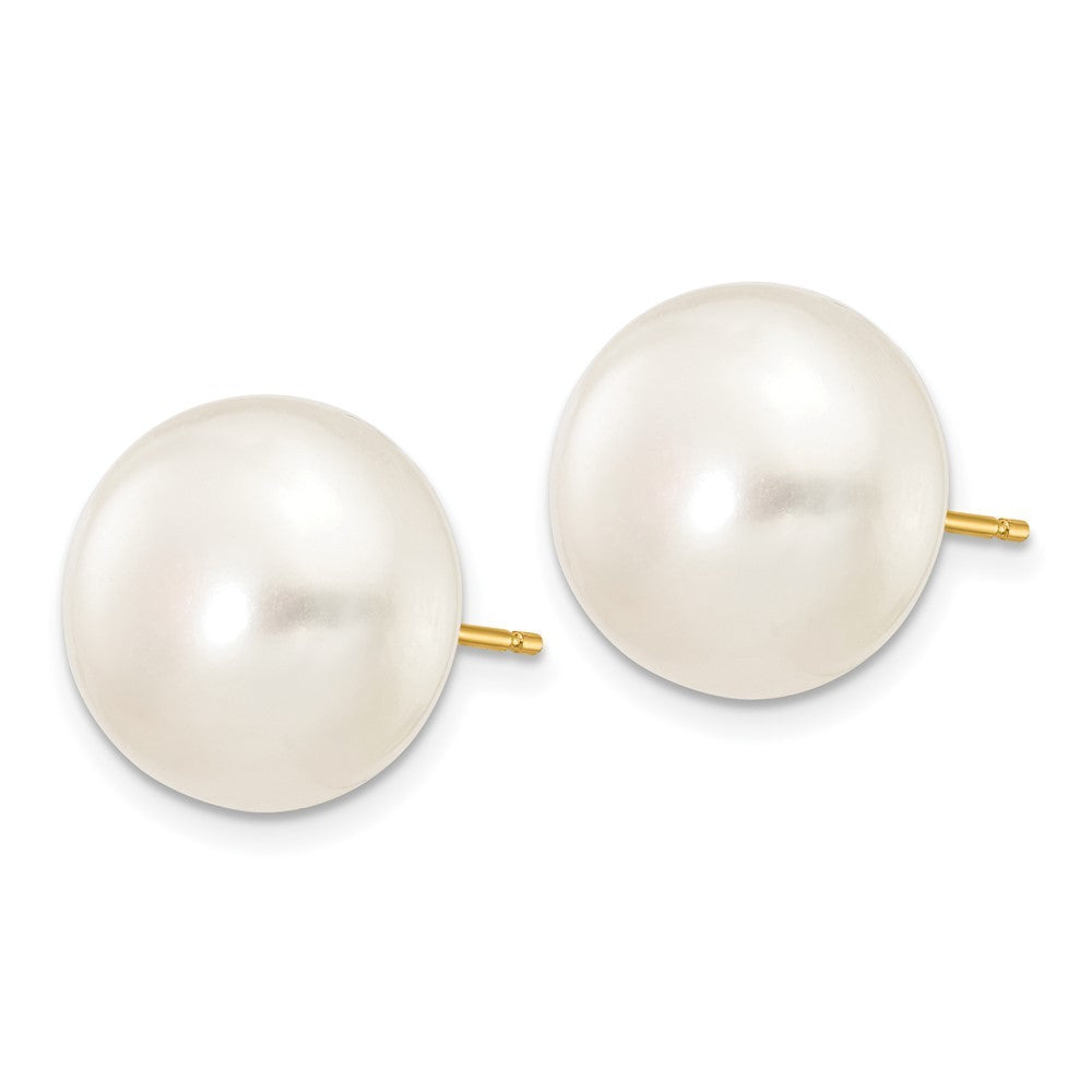 14k Yellow Gold 12-13mm White Button Freshwater Cultured Pearl Stud Earrings