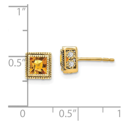 14k Yellow Gold Square Citrine and Diamond Stud Earrings