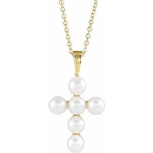 14k Yellow Gold Cultured White Freshwater Pearl Cross 16-18" Necklace for Women