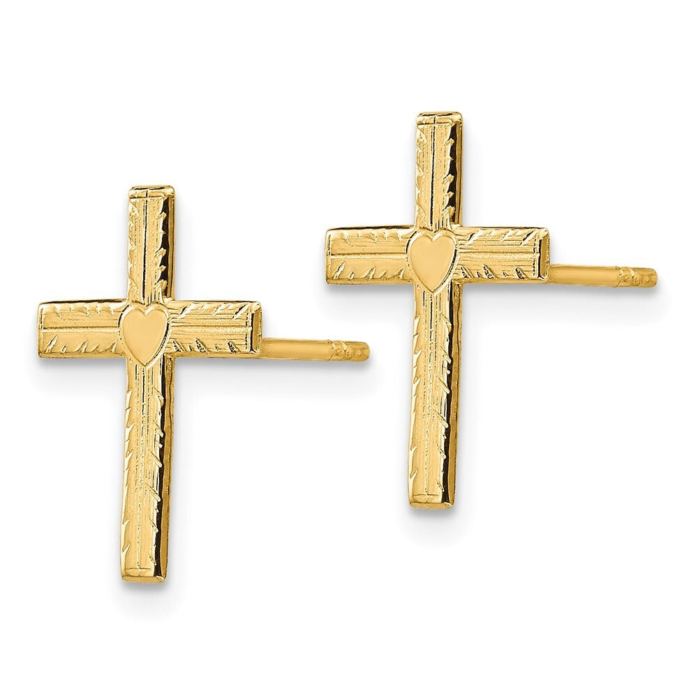 14k Yellow Gold Polished & Satin Heart Cross Stud Earrings Gift for Women