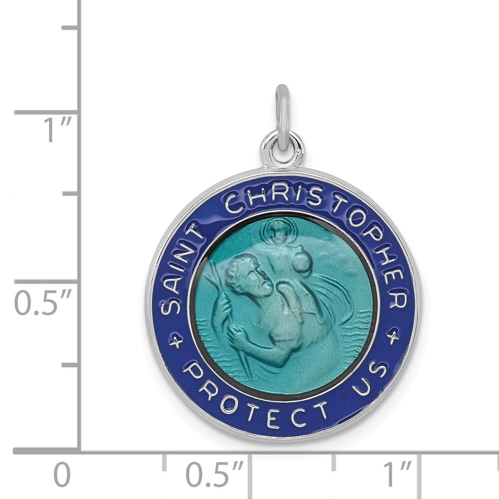 Sterling Silver Rhodium-plated Enameled St. Christopher Medal Pendant