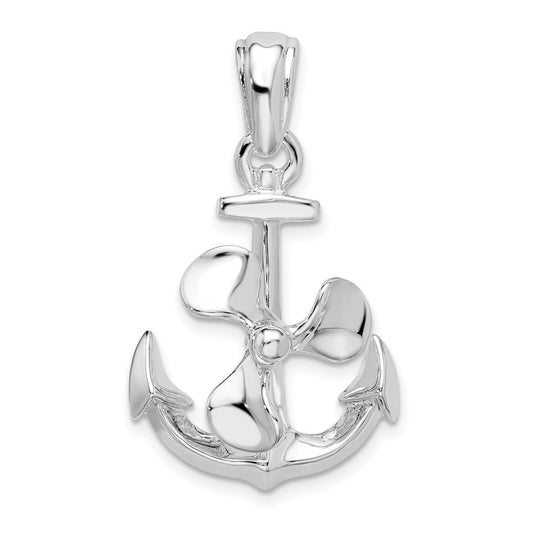 Sterling Silver Rhodium-Plated Moveable 3D Anchor with Propeller Pendant