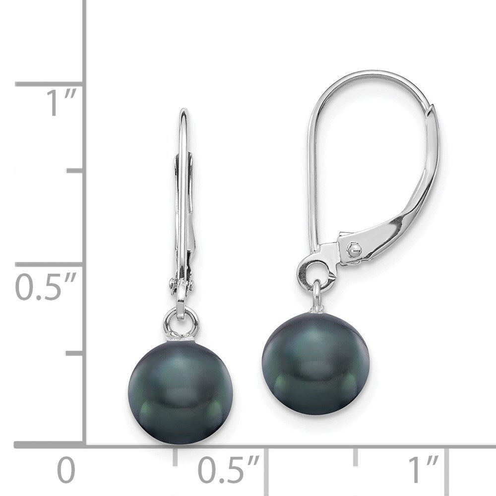 14k Gold 7-8mm Black Round Freshwater Cultured Pearl Dangle Leverback Earrings
