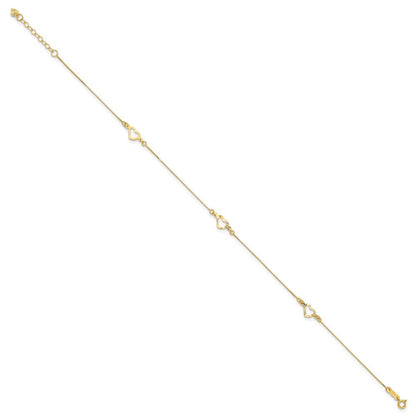 14k Yellow Gold Diamond-cut Open Heart 3-Station 11" Anklet