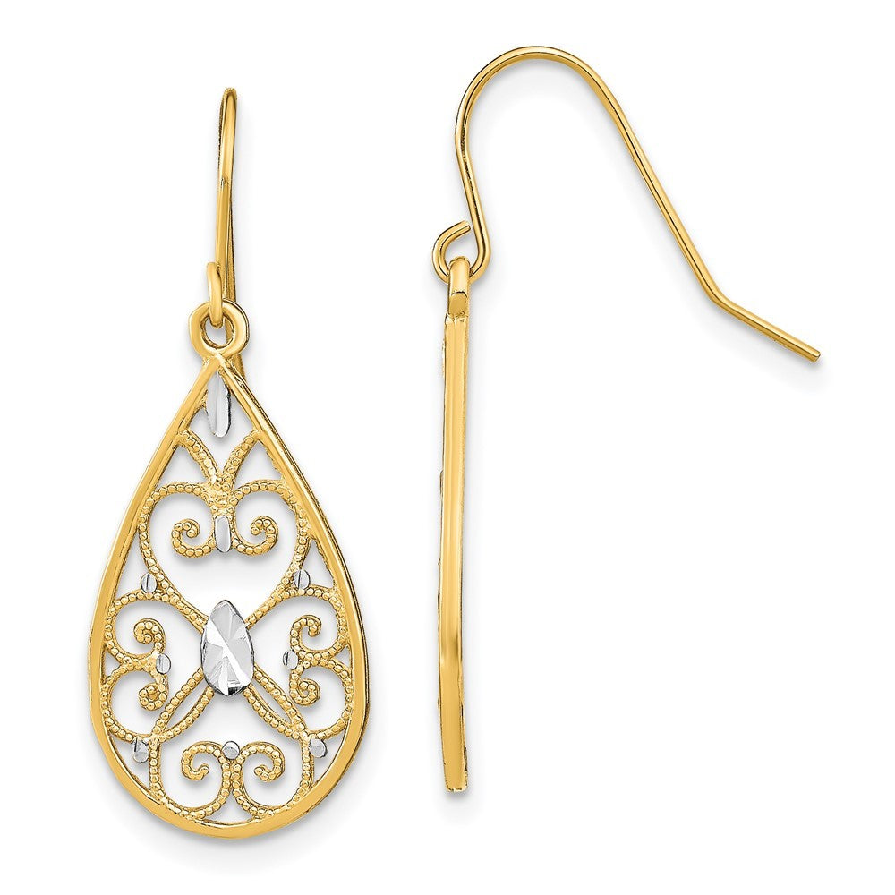 14k Yellow Gold w/Rhodium Diamond-Cut Fancy Dangle Wire Earrings