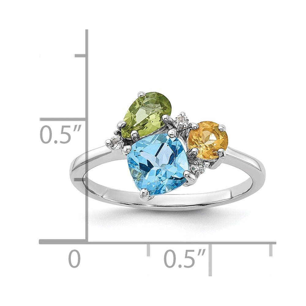 SS Rh Lt.Swiss Blue Topaz/ White Topaz and Peridot and Citrine Ring Size 7