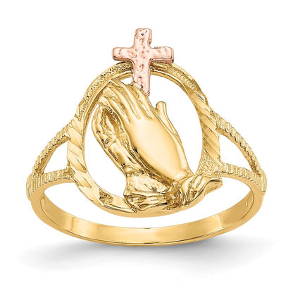 14K Two-tone Gold Diamond Cut Praying Hands Cross Ring