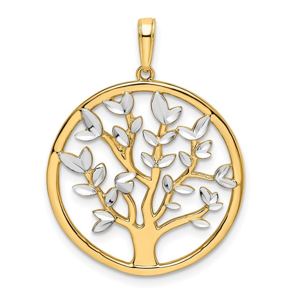 14k Yellow Gold and White Rhodium Diamond-cut Tree of Life Pendant for Women
