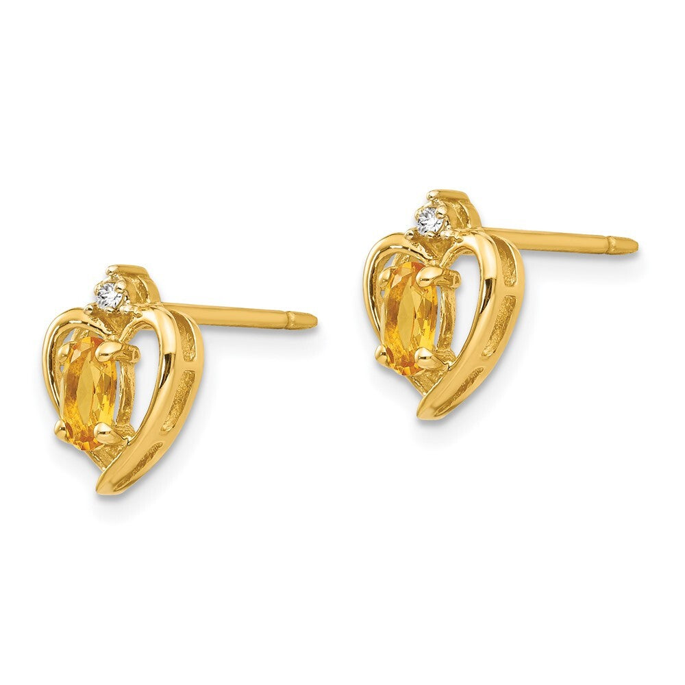 14k Yellow Gold Citrine and Diamond Heart Stud Earrings Gift for Women