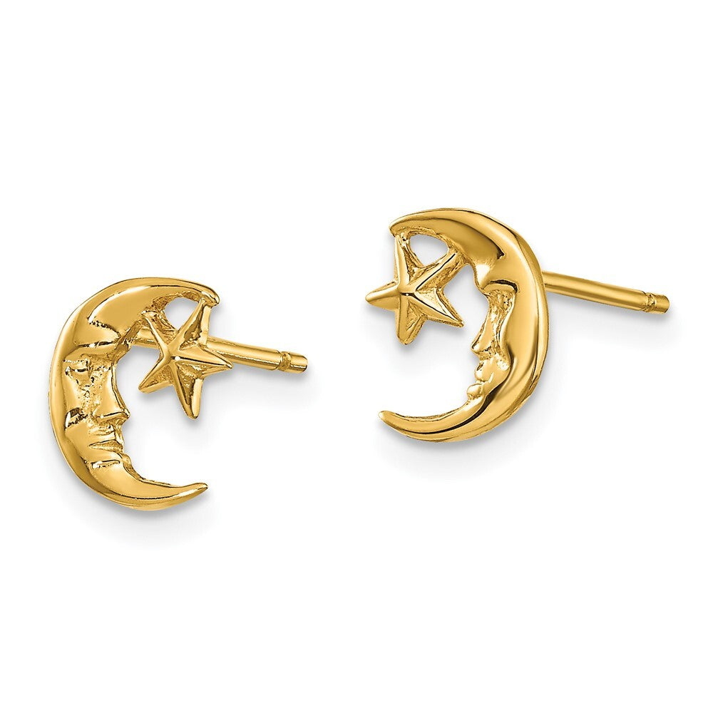 14k Yellow Gold Moon and Star Stud Earrings Gift for Women