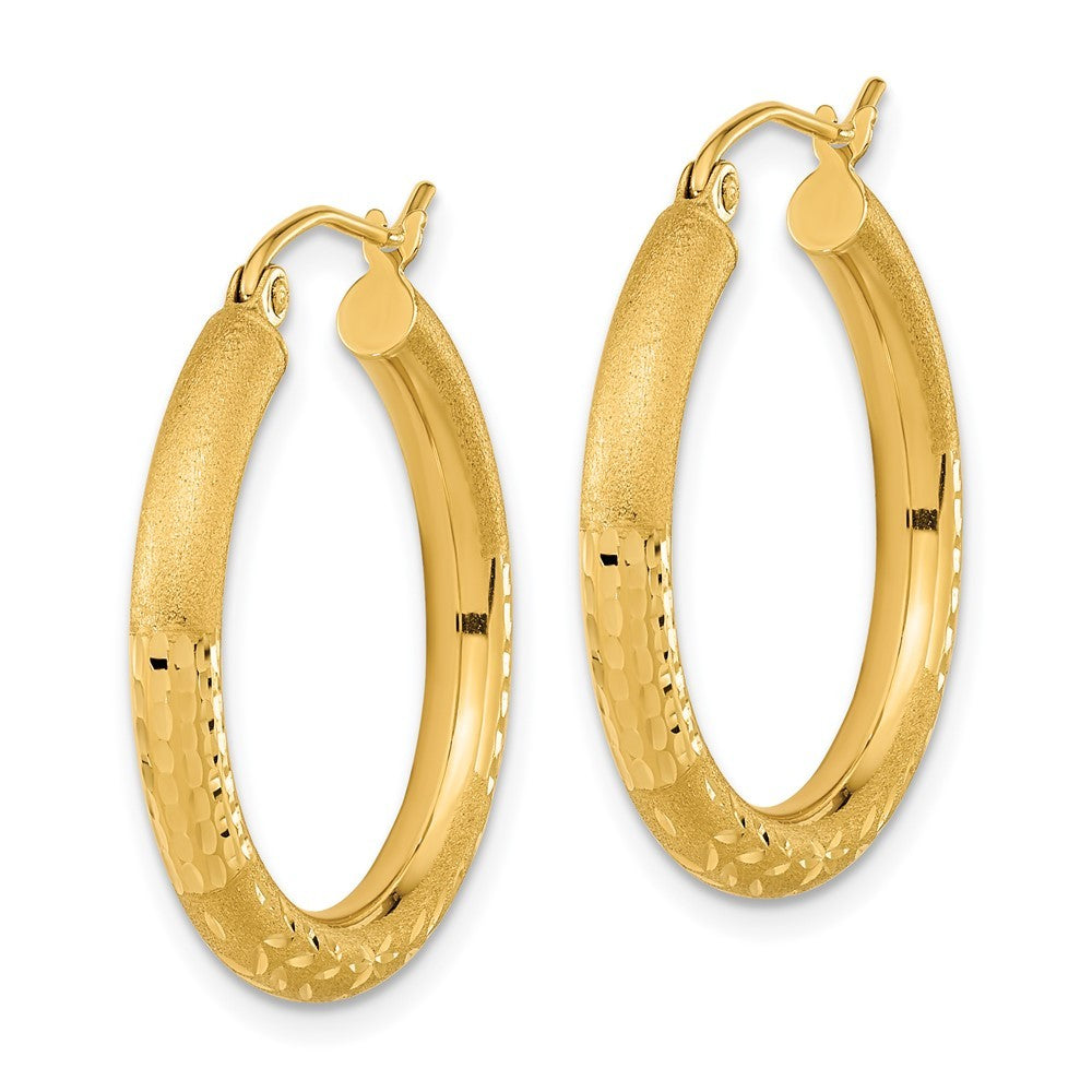 14k Yellow Gold Polished Satin and Diamond-cut Hoop Earringss