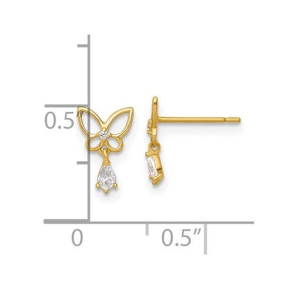 14k Yellow Gold Polished Cubic Zirconia Butterfly Dangle Earrings