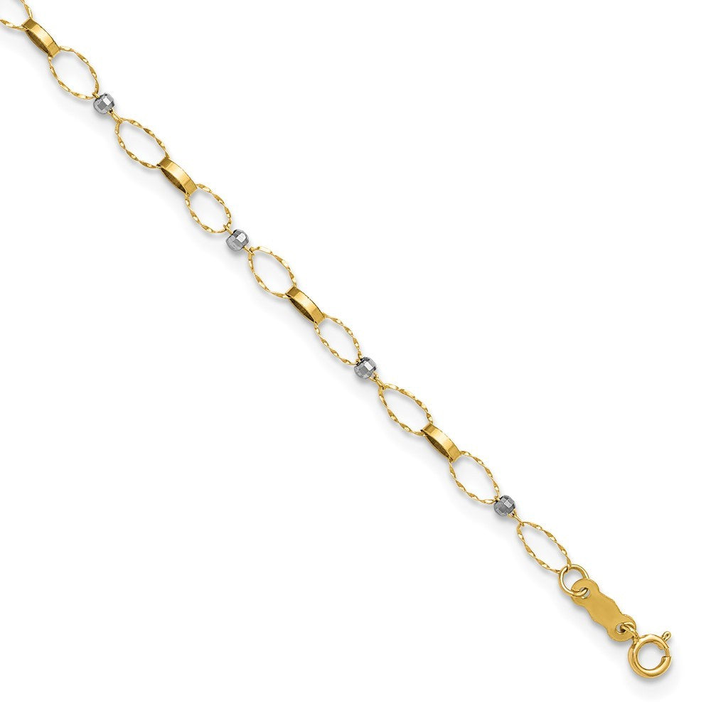 14k Two-tone Twisted Links and Mirror Beads 10" Anklet
