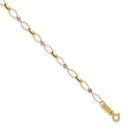 14k Two-tone Twisted Links and Mirror Beads 10" Anklet