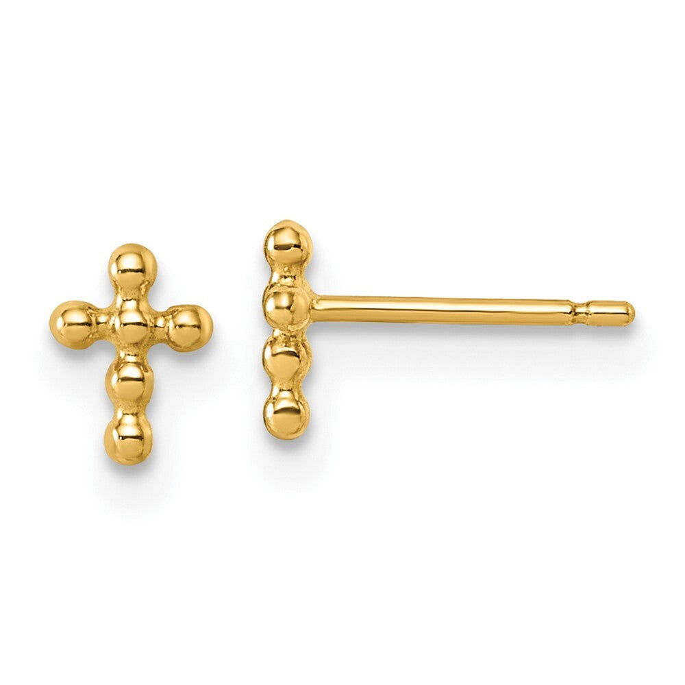 14k Yellow Gold Polished Beaded Cross Stud Earrings Gift for Women